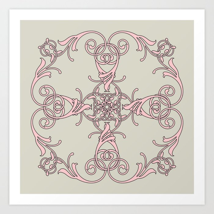 Damask pink gray Art Print