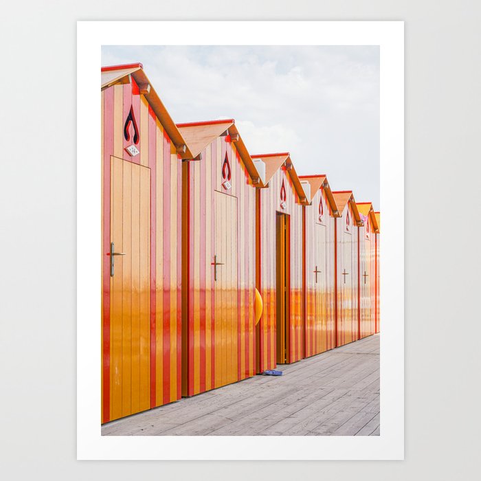 Sorrento Stripes | Red And Orange Beach Changing Rooms Art Print | Amalfi Coast Italy Travel Photography Art Print