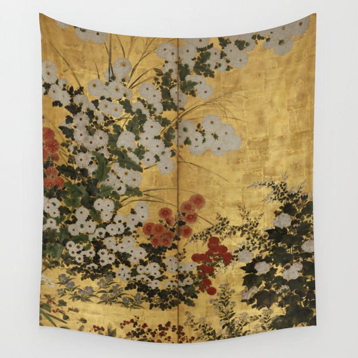 White Red Chrysanthemums Floral Japanese Gold Screen Wall Tapestry