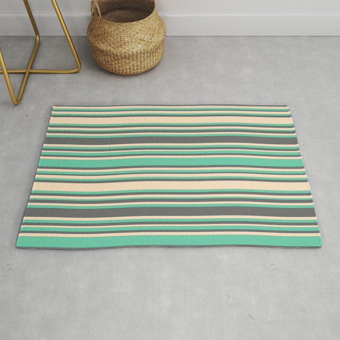 Aquamarine, Dim Gray, and Bisque Colored Lines/Stripes Pattern Rug