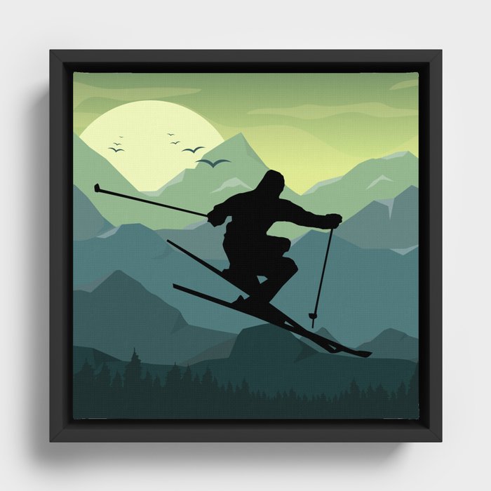 Skier Silhouette Framed Canvas