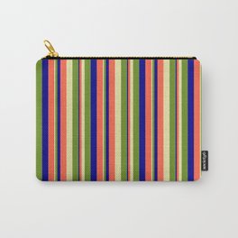 [ Thumbnail: Pale Goldenrod, Green, Dark Blue & Red Colored Stripes/Lines Pattern Carry-All Pouch ]