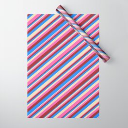 [ Thumbnail: Tan, Hot Pink, Brown & Blue Colored Striped Pattern Wrapping Paper ]