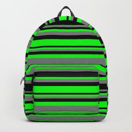 [ Thumbnail: Lime, Gray, and Black Colored Striped/Lined Pattern Backpack ]