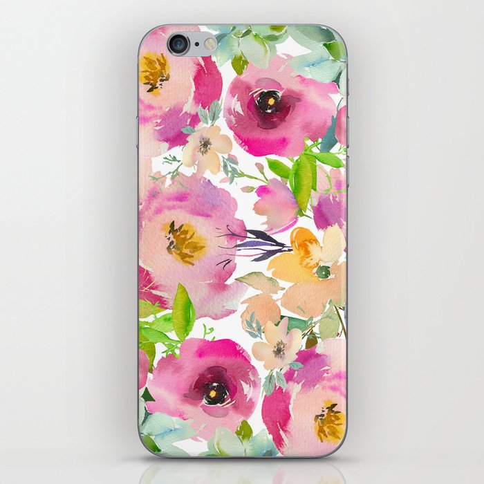 Modern Hand Painted Pink Coral Green Watercolor Floral iPhone Skin