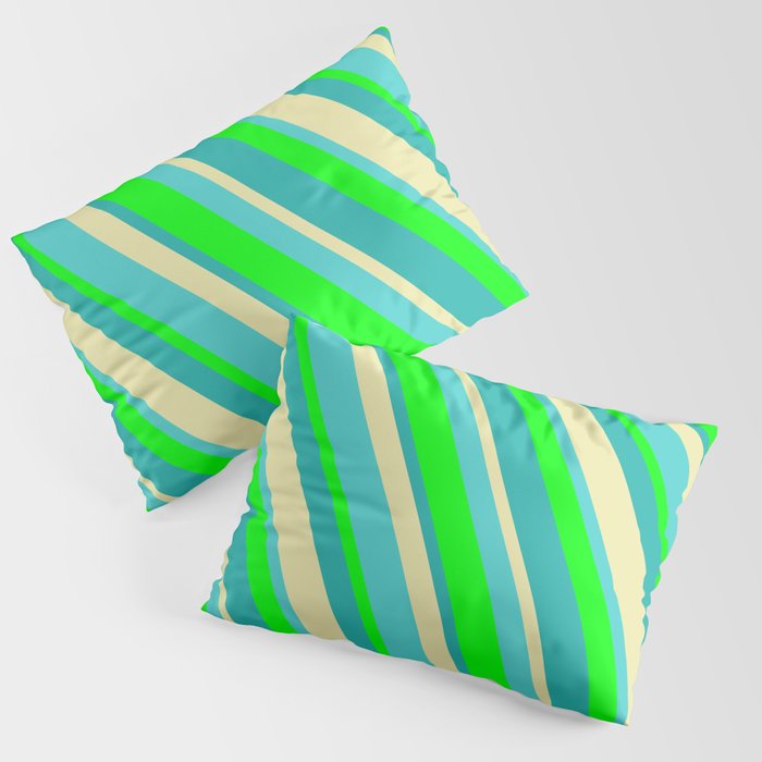 Lime, Light Sea Green, Pale Goldenrod & Turquoise Colored Stripes/Lines Pattern Pillow Sham