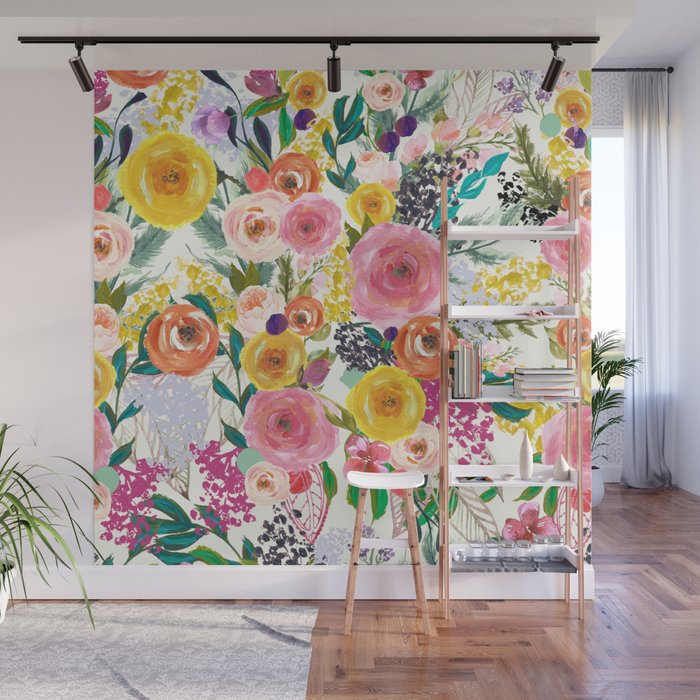 Autumn Blooms Colorful Painted Floral Print Wall Mural By