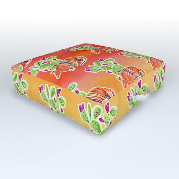 Armadillo and Cactus - Sunset Ombre Background Outdoor Floor Cushion