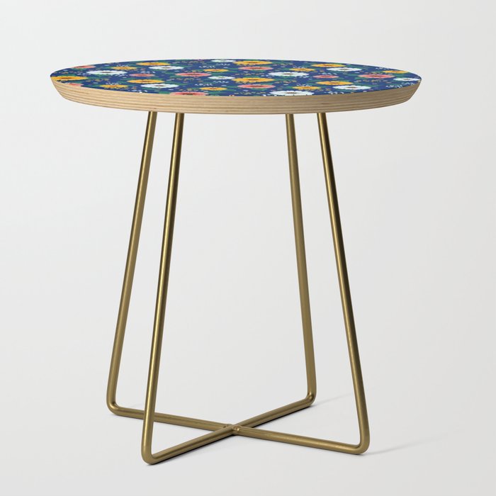 Colorful Spring Flowers Pattern in Blue Background Side Table