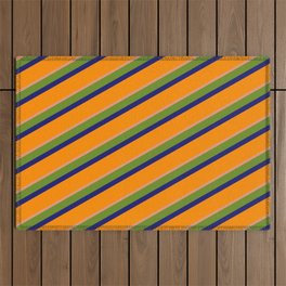 [ Thumbnail: Green, Midnight Blue, Dark Orange & Dark Salmon Colored Lines/Stripes Pattern Outdoor Rug ]