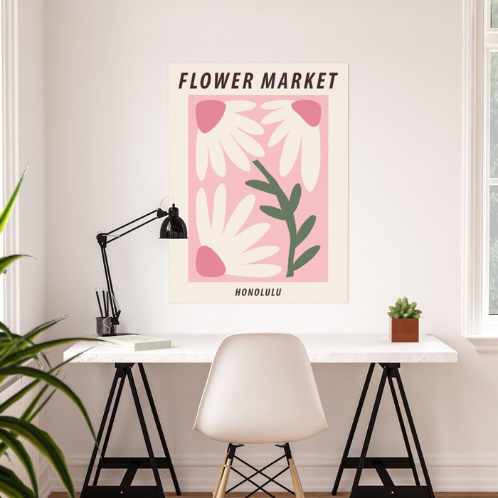 Flower market, Honolulu, Cute pink art print, Exhibition, Aesthetic poster,  Botanical print, Cottagecore Poster by Kristinity Art