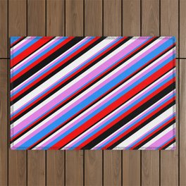 [ Thumbnail: Eyecatching Violet, Blue, Red, Black & White Colored Lines Pattern Outdoor Rug ]
