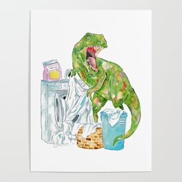 T-rex laundry dinosaur painting watercolour Poster