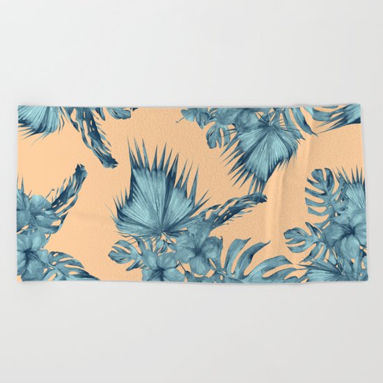 Island Love Hibiscus Palm Orange Teal Blue Beach Towel