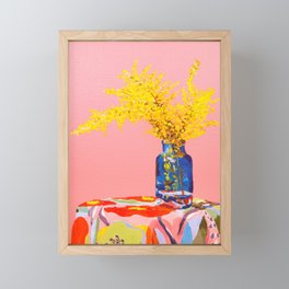 Pink Fuzzy Still Life | Golden Wattle Flower | Australian Native Flowers Framed Mini Art Print
