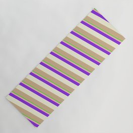 [ Thumbnail: Eye-catching Lime, Light Pink, Purple, Beige & Tan Colored Stripes Pattern Yoga Mat ]