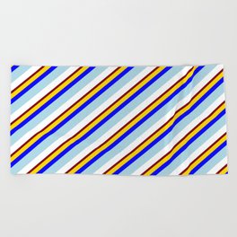 [ Thumbnail: Eye-catching Yellow, Blue, Light Blue, White & Maroon Colored Lines Pattern Beach Towel ]