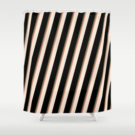 [ Thumbnail: Dark Olive Green, Light Coral, Beige, and Black Colored Striped/Lined Pattern Shower Curtain ]