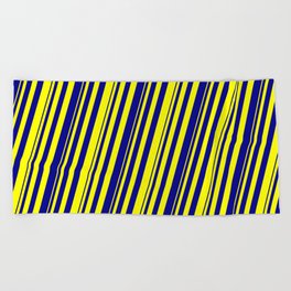 [ Thumbnail: Yellow and Dark Blue Colored Striped Pattern Beach Towel ]