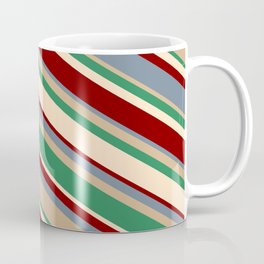 [ Thumbnail: Vibrant Light Slate Gray, Tan, Sea Green, Bisque, and Maroon Colored Lines Pattern Coffee Mug ]
