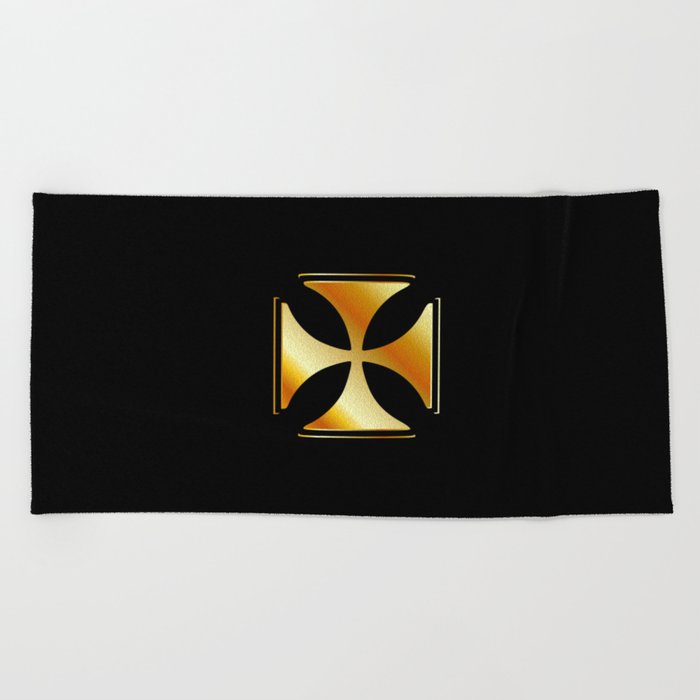 Golden cross pattee symbol on black- symbol of Christianity Beach Towel