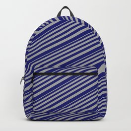 [ Thumbnail: Dark Grey & Midnight Blue Colored Lined/Striped Pattern Backpack ]