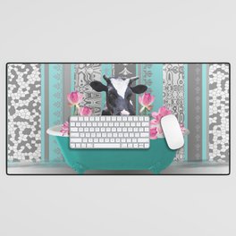 Black and white Cow in Bathtub with Lotus Flowers Desk Mat