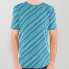 [ Thumbnail: Turquoise & Blue Colored Striped/Lined Pattern All Over Graphic Tee ]