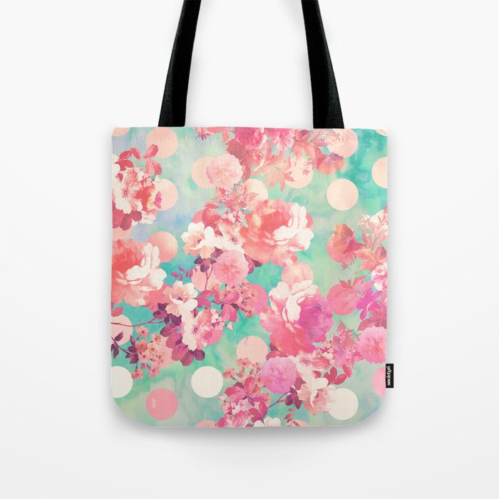 Romantic Pink Retro Floral Pattern Teal Polka Dots Tote Bag by Audrey ...