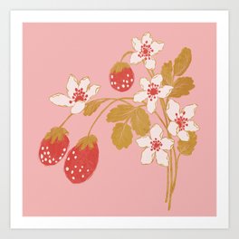 Strawberry Bunch 2 Art Print | Berry, Strawberry, Meadow, Bouquet, Summer, Flower, Botanical, Easter, Wildflower, Pink 