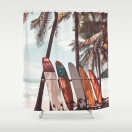 Surfboard and palm tree on summer beach. Travel adventure sport and summer vacation concept. Vintage tone filter effect color style. Shower Curtain