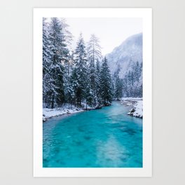 Magical river in enchanted winter forest Art Print