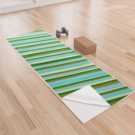 [ Thumbnail: Turquoise, Beige, Dark Green, Green & Sky Blue Colored Pattern of Stripes Yoga Towel ]