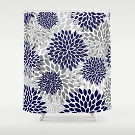 Abstract, Floral Prints, Navy Blue and Grey Shower Curtain