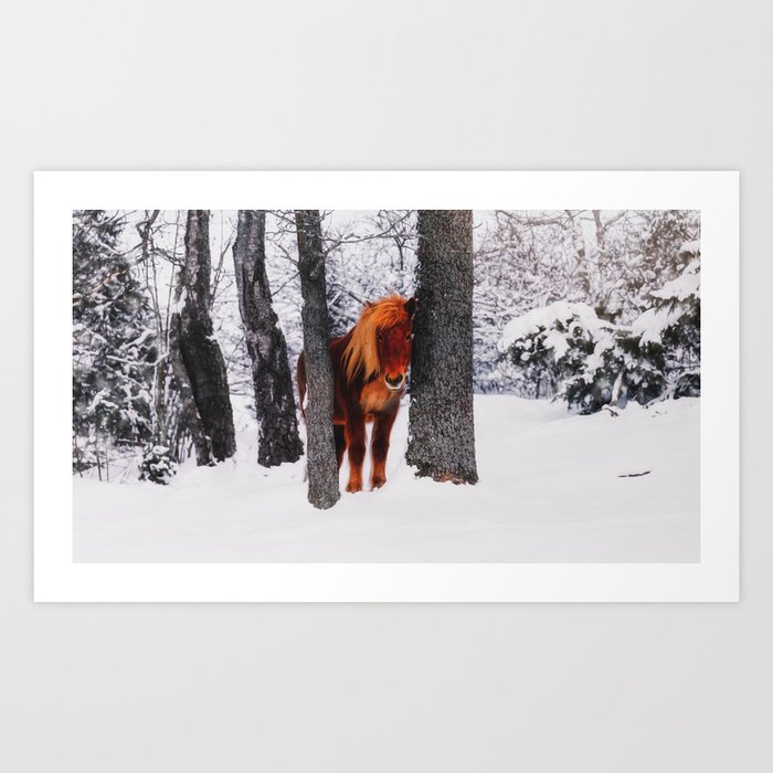 Chestnut Horse Between Trees in Snowy Winter Landscape - Matte Version Art Print