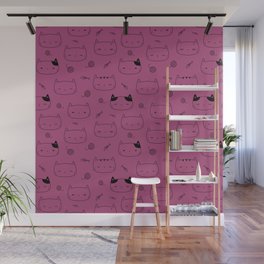 Magenta and Black Doodle Kitten Faces Pattern Wall Mural
