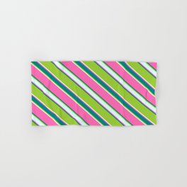 [ Thumbnail: Hot Pink, Teal, Green, and Light Cyan Colored Stripes/Lines Pattern Hand & Bath Towel ]