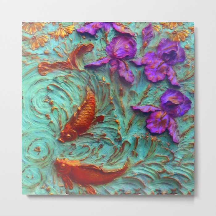 DIMENSIONAL PURPLE IRIS FLOWERS & GOLDEN KOI FISH Metal Print