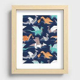 Origami dragon friends // oxford navy blue background aqua orange grey and taupe fantastic creatures Recessed Framed Print