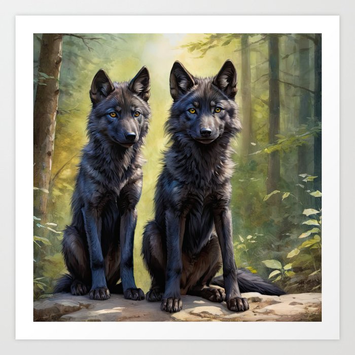 Twin Black Wolves Art Print