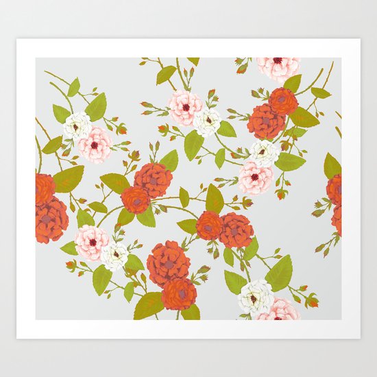 Climbing Roses, Crimson, Green, Pink and Grey Art Print