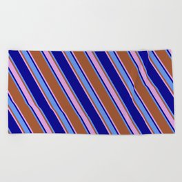[ Thumbnail: Sienna, Plum, Dark Blue & Cornflower Blue Colored Lines/Stripes Pattern Beach Towel ]