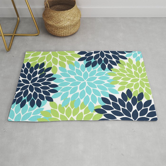 Flower Burst Petals Floral Pattern Navy Lime Aqua Rug By Trmdesign Society6