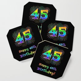 [ Thumbnail: 45th Birthday - Fun Rainbow Spectrum Gradient Pattern Text, Bursting Fireworks Inspired Background Coaster ]