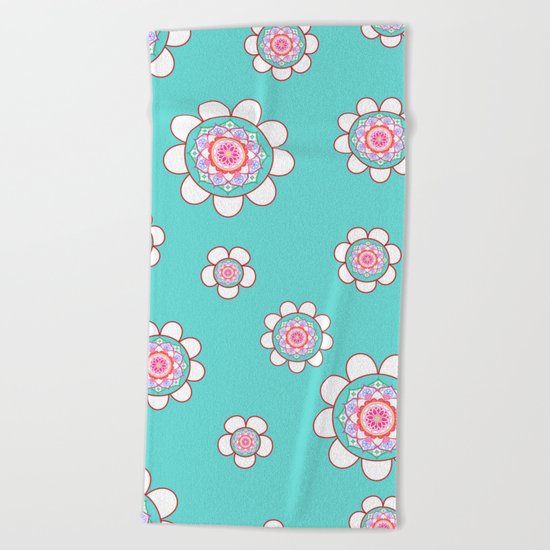 Mandala Flowers Pattern Blue Pink Beach Towel