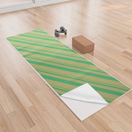 [ Thumbnail: Sea Green and Dark Khaki Colored Lined/Striped Pattern Yoga Towel ]