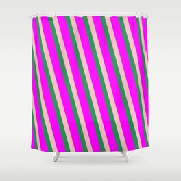 [ Thumbnail: Sea Green, Fuchsia, and Pink Colored Lined/Striped Pattern Shower Curtain ]