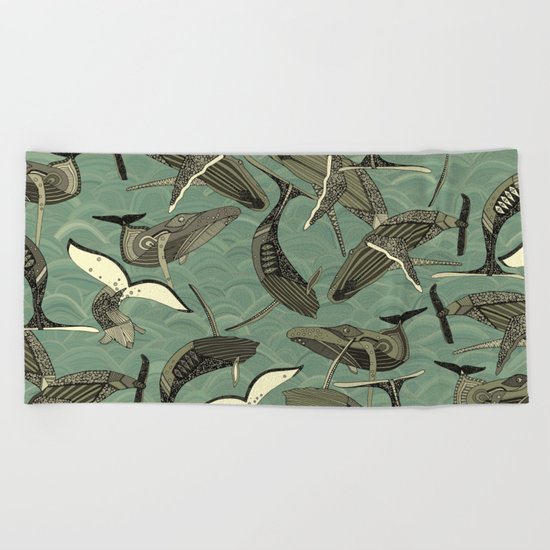 whales and waves aqua Beach Towel