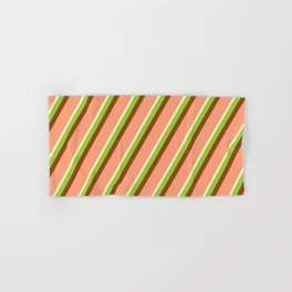 [ Thumbnail: Light Yellow, Green, Brown & Light Salmon Colored Lined/Striped Pattern Hand & Bath Towel ]