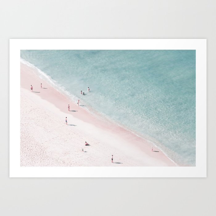 Aerial Beach Love Print - Pastel Pink Beach - Sea Ocean Travel photography by Ingrid Beddoes Art Print